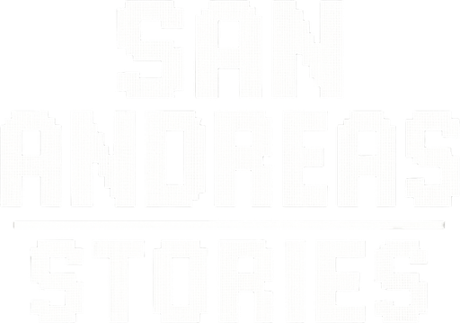 letras que dicen san andreas stories blancas hechas con pixeles.
In-Game asset.  2d.  High contrast.  No shadows