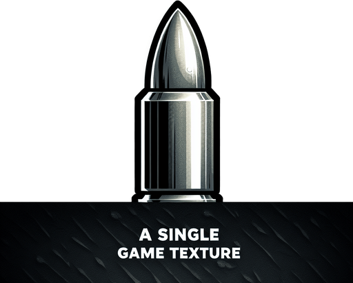 big silver bullet.
Single Game Texture. In-Game asset. 2d. Blank background. High contrast. No shadows.