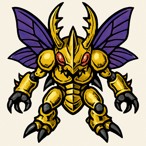 Herculeskabuterimon, visto desde arriba, calidad y detalles altamente épicos.
In-Game asset.  2d.  High contrast.  No shadows