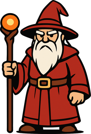 a wizard with a red dress, a hat, a long white beard and his whole body.
In-Game asset.  2d.  High contrast.  No shadows