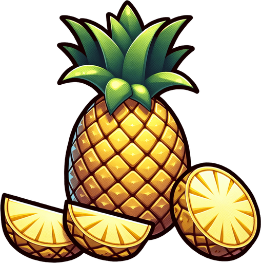 A pineapple with a few slices of pineapple in front.
Single Game Texture. In-Game asset. 2d. Blank background. High contrast. No shadows.