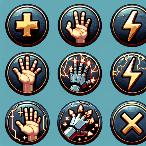 create a sprite sheet of 6 buttons, the first hand icon with a +, hand icon with an electricity icon, another with a golden hand, another with a hand and an ×, and one with a hand icon, written max.
Single Game Texture.  In-Game asset.  2d.  Blank background.  High contrast.  No shadows