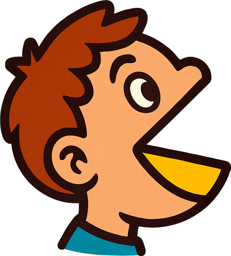 Cabeza de niño con la boca abierta como pacman mirando hacia arriba.
In-Game asset.  2d.  High contrast.  No shadows