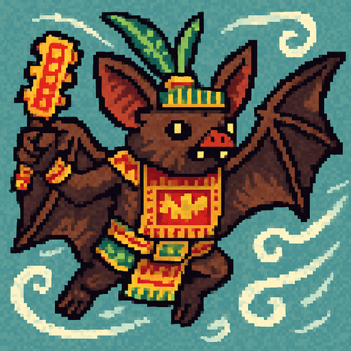 Generame un guerrero azteca con patrones, estilo pixelar, además será Murciélago frugívoro, unidad voladora con alas, con efectos de viento. Tiene que ser un animal..
In-Game asset.  2d.  High contrast.  No shadows