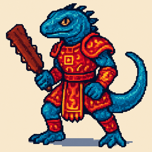 Generame un guerrero azteca con patrones, estilo pixelar, ademas sera un El lagarto azul de Gorgona humanoide. Va tener una armadura roja con efetos de llamitas pequeñas.
In-Game asset.  2d.  High contrast.  No shadows