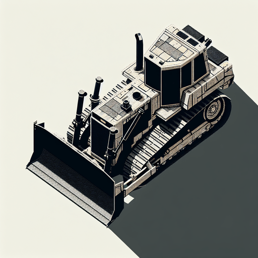 Bulldozer viewed strictly from top. Top view as if we are a drone..
Single Game Texture. In-Game asset. 2d. Blank background. High contrast. No shadows.