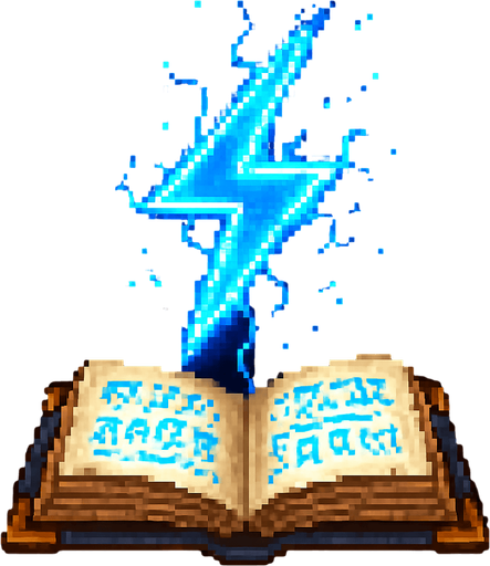 "2D pixel art of a glowing blue lightning bolt symbol emerging from an open magical spellbook. The book has ancient, worn covers and glowing runes on its pages. The lightning symbol floats above the book, made of bright blue magical energy, crackling with small sparks. It glows vividly, suggesting power and electricity. Designed in classic 16-bit fantasy RPG style. Transparent background.".
In-Game asset.  2d.  High contrast.  No shadows