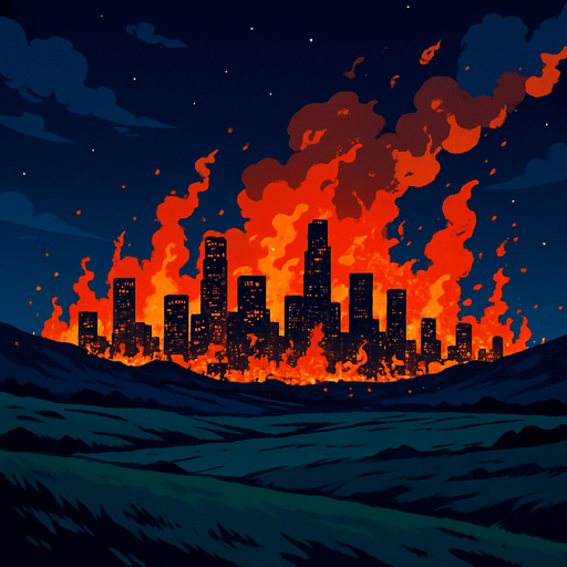 anime image style battlefield plains. on this distance as lost angeles burning city at night
In-Game asset.  2d.  High contrast.  No shadows