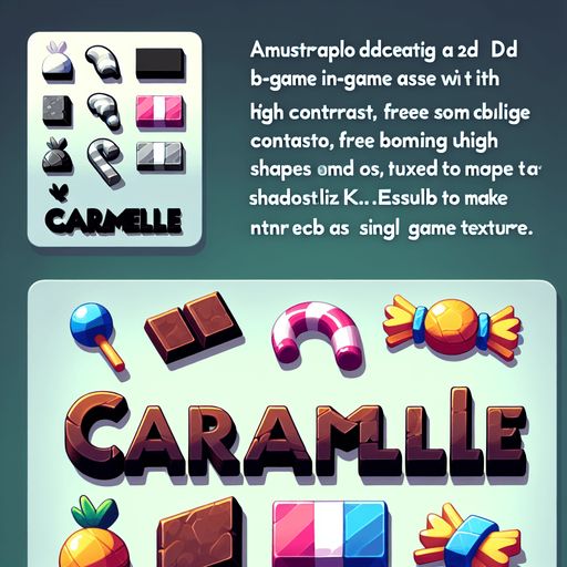 scritta caramelle.
Single Game Texture. In-Game asset. 2d. Blank background. High contrast. No shadows.