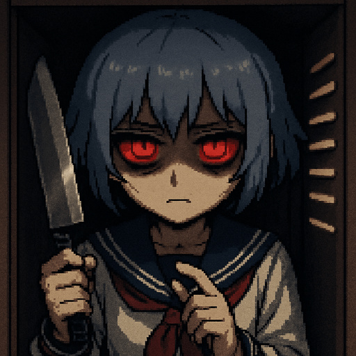 Stella is a 15-year-old anime girl—sweet and incredibly kawaii—with short, soft hair in a bluish-gray tone (HEX: #b0b9d8) and deep black eyes. She wears a traditional Japanese school uniform, the classic sailor-style fuku. In her right hand, she holds a butcher knife. Her expression is serious, and her eyes, now glowing with an intense yandere red, reflect jealousy and obsession. Dark under-eye circles emphasize her unsettling gaze.

She is inside a high school locker in a Japanese school. Her right hand is slightly raised, gripping the knife, while her left hand gently touches the blade with her index finger, mimicking the motion of a clock hand—adding to the eerie atmosphere. To emphasize the feeling of being inside the locker, soft light shines through the ventilation slits, casting dramatic shadows across her face.

The entire scene is rendered in detailed Pixel Art style, enhancing both the cuteness and the unsettling atmosphere of the character and setting.