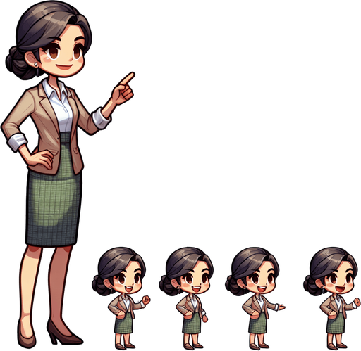 A spritesheet containing several poses of a young female teacher in front of her classroom..
Single Game Texture. In-Game asset. 2d. Blank background. High contrast. No shadows.