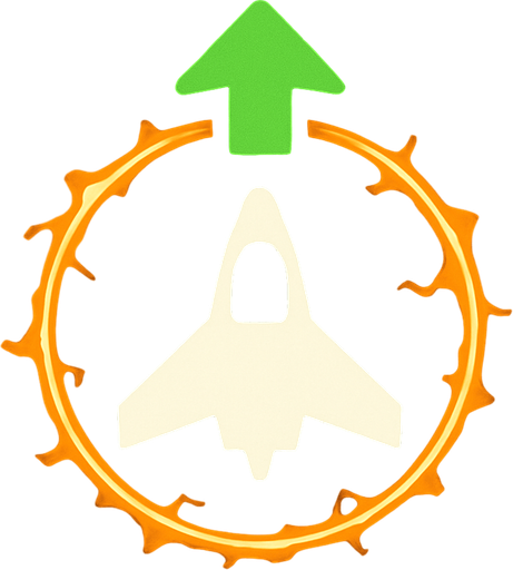 Symbol for space ship upgrade nova force field around it, with an white spaceship and orange electric circle surrounding it and an green arrow pointing up.
In-Game asset.  2d.  High contrast.  No shadows