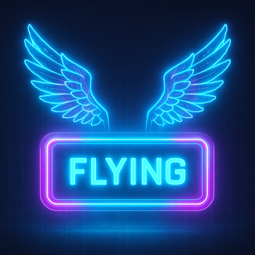 neon cyberpunk glowing FLYING button blue pink futuristic videogame hologram two feathered hologram wings off top