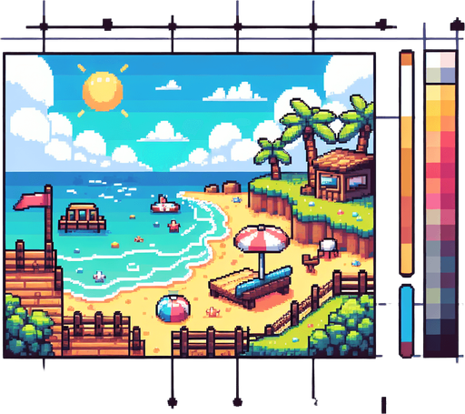 pixelart cartoon beach background for a mobile screen..
Single Game Texture. In-Game asset. 2d. Blank background. High contrast. No shadows.