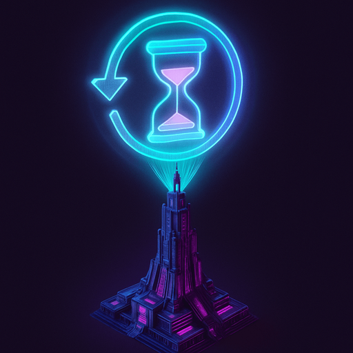 Top down isometric neon cyberpunk futuristic massive tower spire 3D slow down rewind symbol projection over top, time slowed symbol purples teal pink vaporwave glowing hologram over top hourglass glowing fully in frame not cutoff no background