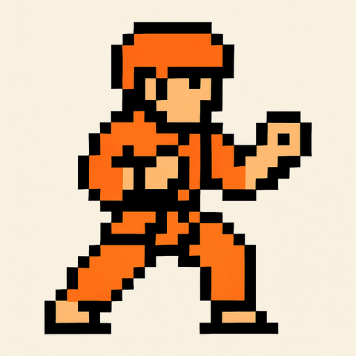 An orange fighter karate 8 bit style.
In-Game asset.  2d.  High contrast.  No shadows
