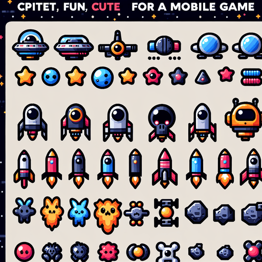 Spritesheet, modern, mobile game, cute, fun. Colorful. Including spaceships, UFOs, Guns, Boosters, Powerups, Asteroids, Boss...
In-Game asset. 2d. Blank background. High contrast. No shadows.