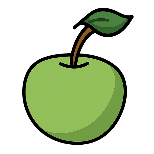 Green apple. No background. Transparent background. Blank background. No shadows. 2d. In-Game asset. flat