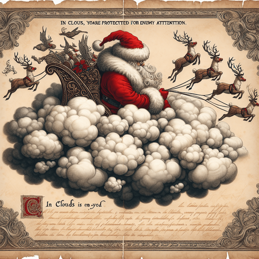 a pergament of Santa hiding with his flying sleigh and reindeers in a cloud. There is the text "In clouds you are protected from enemy attention."