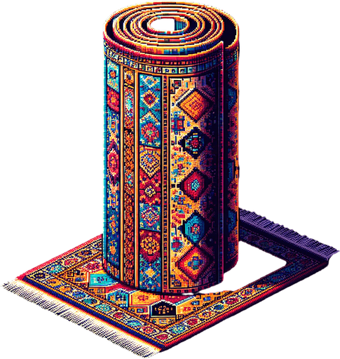 vertically standing rolled up arabic rug.
Retro gaming style