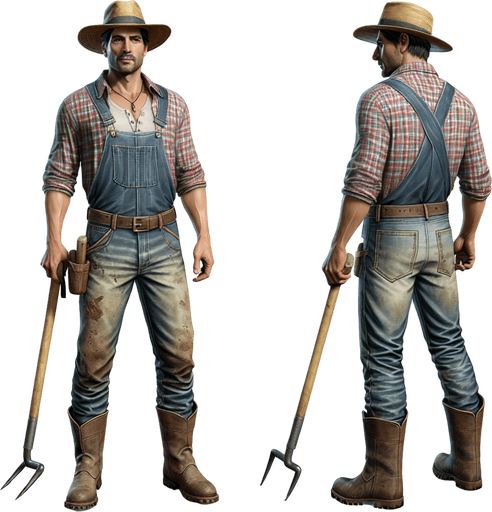 МУЖЧИНА ФЕРМЕР.
Single Game Texture. In-Game asset. 2d. Blank background. High contrast. No shadows.