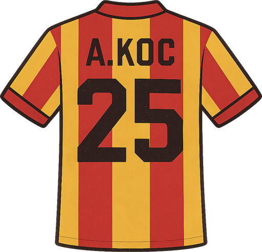 Sarı kırmızı çizgili forma oluştur , formanın arkasında "A.KOC " yazsın  , numarası da 25 numara olsun . Retro temada olsun . No background. Transparent background. Blank background. No shadows. 2d. In-Game asset. flat