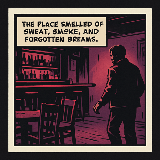 A comic panel styled like a square photo print with a clean white border. Realistic comic art. Scene: Inside a dimly lit bar, red and purple hues, empty chairs, bar counter glowing faintly. Noah walks in cautiously. Narrator box at the top reads: “The place smelled of sweat, smoke, and forgotten dreams.”.
In-Game asset.  2d.  High contrast.  No shadows