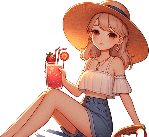 An idyllic llustration of a beach cove where a blnd girl in a strawhat i en joying an enormous strawberry drink on her sailing boat as the sun sets. Clean game art illustration style..
Single Game Texture. In-Game asset. 2d. Blank background. High contrast. No shadows.