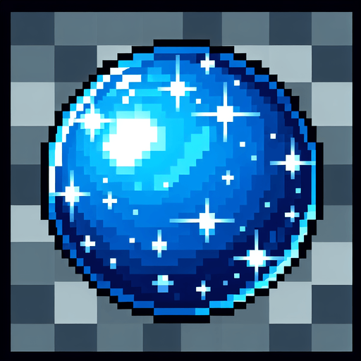 a blue shiny ball. pixel art style. no shadows..
Single Game Texture. In-Game asset. 2d. Blank background. High contrast. No shadows.