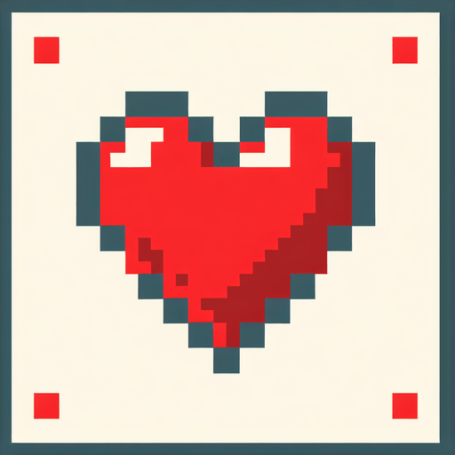 A red heart in pixel style representing the lifes of the player in a video game.
Single Game Texture. In-Game asset. 2d. Blank background. High contrast. No shadows.