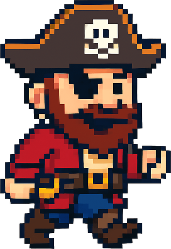 El pirata debe ser un personaje simpático y reconocible en estilo pixel art, con sombrero tricornio negro o marrón con una calavera blanca en el centro, un parche en uno de los ojos, barba o bigote corto, y una expresión decidida o divertida; su ropa debe incluir una chaqueta roja o azul, cinturón ancho, pantalones cortos y botas, todo con detalles simples pero claros; puede tener un accesorio como una espada al cinto o un loro en el hombro, y su animación debe mostrarlo caminando o balanceándose ligeramente como si estuviera en un barco; el fondo debe ser transparente y el diseño debe ser compacto, ideal para un juego colorido y caricaturesco..
In-Game asset.  2d.  High contrast.  No shadows