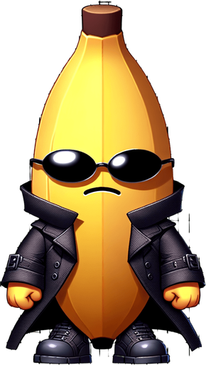 video game cute banana Pokémon with Matrix-like black glasses and a trench coat, oversized head occupying most of its body, standing on two tiny chubby feet at the bottom, tiny adorable creature with a cute angry expression, looking straight ahead, facing the camera directly. 2D flat vector illustration.
Single Game Texture. In-Game asset. 2d. Blank background. High contrast. No shadows.