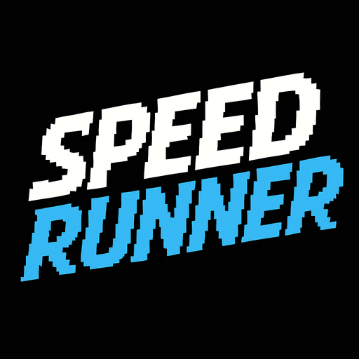 letras que dicen speed runner las letras speed tienen un color blanco con contorno negro y las letras runner un color celeste con un contorno azul todo hecho con pixeles y con una cursiva.
In-Game asset.  2d.  High contrast.  No shadows