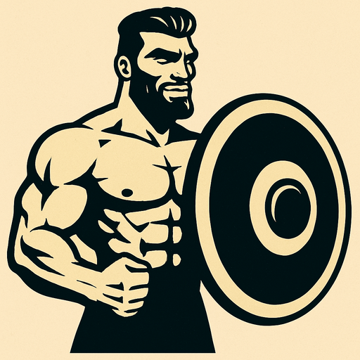 gigachad ama elinde kalkan var.
In-Game asset.  2d.  High contrast.  No shadows