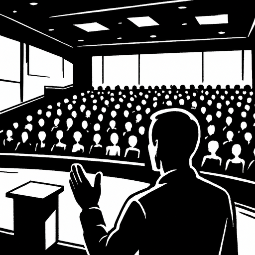 bir konferans salonunda sahnede olan birinin bakış açısından bir resim siyahın tonları kullanılsın.
In-Game asset.  2d.  High contrast.  No shadows