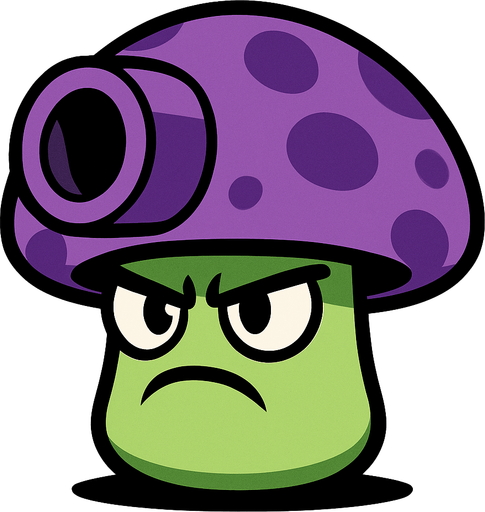 Cabeza (sombrero del hongo): Es grande, redonda y de color morado con manchas más oscuras. En el frente tiene una estructura que parece una boquilla o cañón, lo que da la impresión de que puede disparar algo.

Cuerpo: Pequeño y de color verde claro, con una expresión facial seria o enojada. Tiene ojos grandes y cejas inclinadas hacia abajo, lo que resalta su actitud agresiva o decidida.

Estilo: Es un diseño al estilo de caricatura o videojuego, similar a los personajes de Plants vs. Zombies..
In-Game asset.  2d.  High contrast.  No shadows