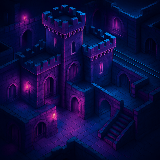 Top down isometric neon cyberpunk castle dungeon background large