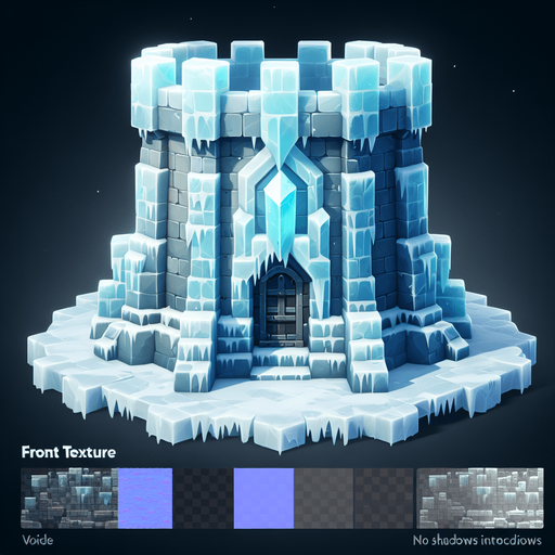 A turret tower built of iceblocks. Front view perspective. Single Game Texture. In-Game asset. 2d. Blank background. High contrast. No shadows.