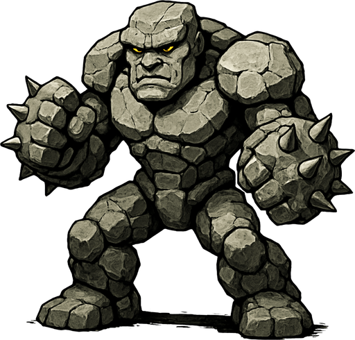 un golem de piedra listo para pelear con puños con puas ultra realista.
In-Game asset.  2d.  High contrast.  No shadows