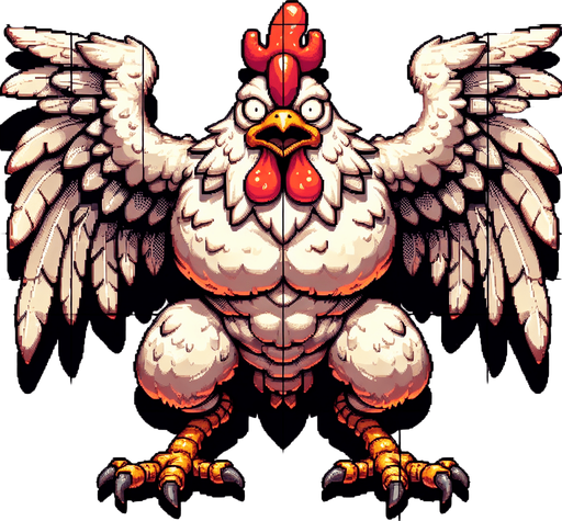 Kanatları açık canavar bir tavuk.
Single Game Texture.  In-Game asset.  2d.  Blank background.  High contrast.  No shadows