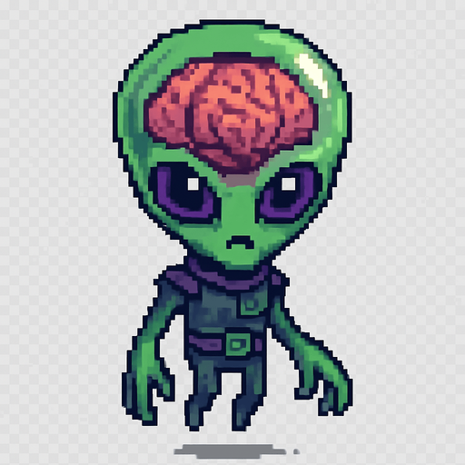 El alien debe ser un personaje de aspecto inteligente y misterioso en estilo pixel art, con una gran cabeza semitransparente que permita ver un cerebro rosado o verdoso expuesto, con textura simple y líneas marcadas que lo hagan reconocible; los ojos deben ser grandes, brillantes y expresivos, de color azul, morado o rojo, transmitiendo inteligencia o curiosidad; su cuerpo debe ser delgado o compacto, con brazos largos o dedos visibles, de color verde, gris o púrpura, con detalles mínimos como placas, símbolos alienígenas o un cinturón tecnológico; puede flotar o tener animación de levitación, con fondo transparente y un estilo que combine lo caricaturesco con lo ligeramente inquietante, perfecto para un juego de ciencia ficción o niveles espaciales..
In-Game asset.  2d.  High contrast.  No shadows