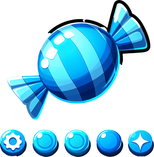 Vibrant blue circle cartoon candy.
Game asset. 2d. Blank background. High contrast. No shadows.