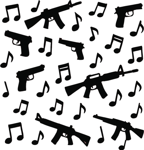 Make a wallpaper that features small music notes and guns. The image should look good for the game and not appear pixelated..
In-Game asset.  2d.  High contrast.  No shadows