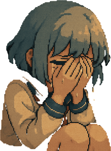 Yui is a cute 15-year-old anime girl with big black eyes and short, soft blue-gray hair (HEX: #b0b9d8). She wears a traditional Japanese school uniform called a sailor fuku. In this Pixel Art scene, Yui is clearly devastated—she’s hunched over in a slouched, defeated posture, crying intensely. Many visible tears stream down her cheeks, slipping past her fingers as she covers her face with both hands. Her entire body language screams sadness; it’s raw, heavy, and impossible to ignore. She’s inside a school locker, and although she’s looking outward through the metal grate, her face is mostly hidden behind her trembling hands. The entire scene is viewed from inside the locker, with soft light coming through the vents, casting delicate shadows across her curled-up figure and highlighting the depth of her heartbreak. The atmosphere is heavy, emotional, and quietly heartbreaking—yet still family-friendly in tone.