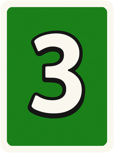 Rectangular card numbered 3, with a white border around it and a green background..
In-Game asset.  2d.  High contrast.  No shadows