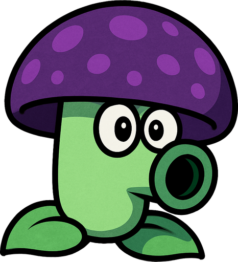 Sombrero Púrpura: Tiene un sombrero grande y redondo de color púrpura oscuro o violeta, con manchas o puntos de un púrpura ligeramente más claro.

Tallo Verde Claro: Su tallo es corto y robusto, de un color verde claro o menta.

Ojos Grandes y Boquilla: Posee dos ojos grandes y redondos, y una "boca" o boquilla prominente en el frente, de color verde oscuro, desde donde expulsa sus proyectiles..
In-Game asset.  2d.  High contrast.  No shadows