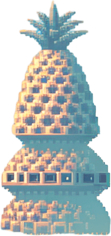 Create a minimal and stylized 8-bit pixelated background of an alien village made of pineapple-shaped huts, viewed from a distance so the buildings appear small and occupy a small lower part of the background. The sky should be light blue and occupy the majority of the image, with the huts constructed from various fruits and having primitive shapes. Use a softer color palette to ensure the background does not distract from the main game elements, capturing the essence of classic 8-bit era video games.
Single Game Texture. In-Game asset. 2d. Blank background. High contrast. No shadows.