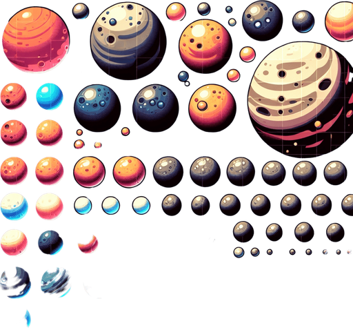 A spritesheet of various planets that are enemy characters or obstacles in a space game. laid out in a grid with blank space between them..
Single Game Texture. In-Game asset. 2d. Blank background. High contrast. No shadows.