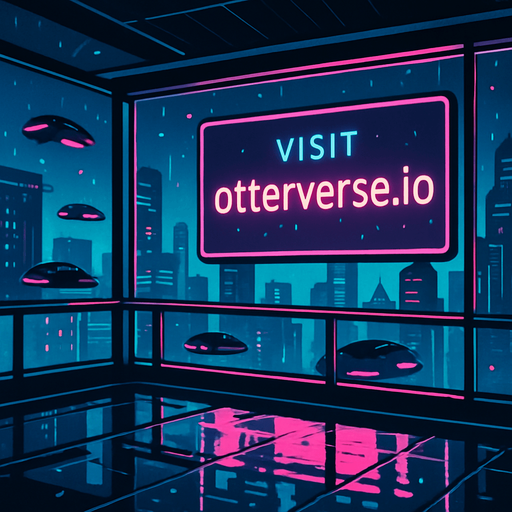 Render a futuristic skyline view from a glass-walled sky-bridge at twilight. Huge digital billboard outside declares ‘Visit otterverse.io’ in crisp neon lettering. Include passing hover-cars, floating particle effects, and a wet floor inside reflecting the lights—no characters or coins..
In-Game asset.  2d.  High contrast.  No shadows
