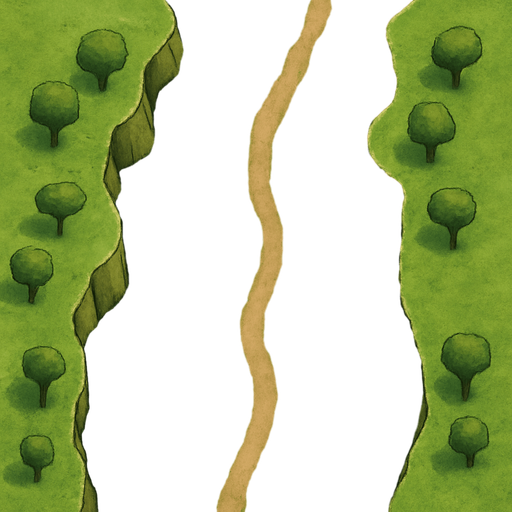 Un paisaje verde en los laterales hay montañas o "TIERRA ELEVADA" totalemente elevada sin desniveles (Unos dos o tres niveles mas altos que el camino normal., la vista del paisaje es desde arriba una vista cenital (como si fuese un mapa) quiero que sigas el dibujo al pie de la letra